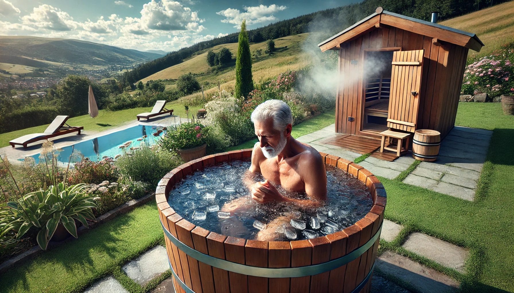 Old man using ice bath and sauna